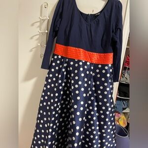 Size 16 blue and white polka dot dress w orange waistband w pockets